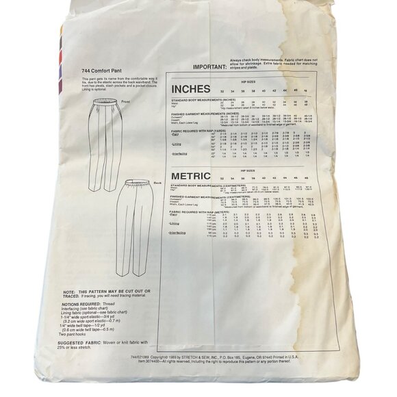Stretch & Sew 744 Comfort Pant Sewing Pattern Womens Vintage 1989 - Picture 2 of 3
